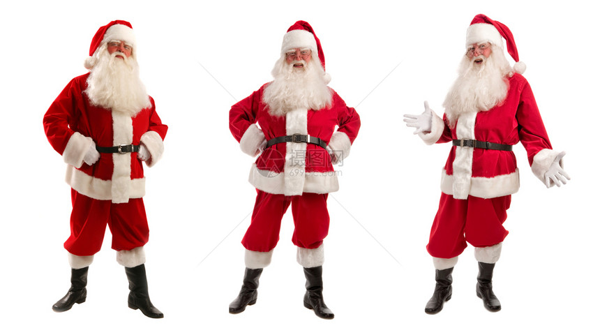 圣诞三人在克劳斯科图姆的圣诞合唱团白背景上满长着白脸桑塔斯柯帽和红花装圣诞老人放红色的图片