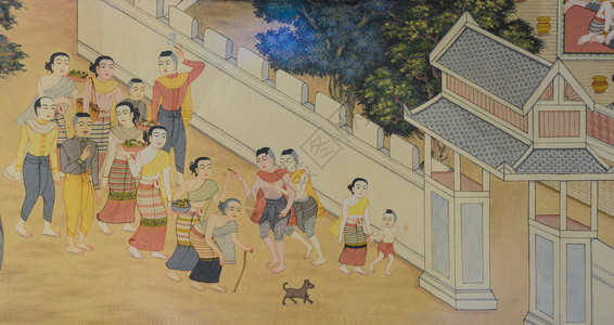 兰纳人们宗教过去在泰国清莱寺庙墙上生活着的Lanna人泰壁画图片