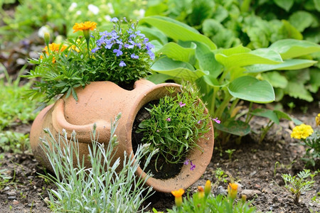 水壶陶器锅在花园床上装有橙色和紫花朵的陶瓷壶背景图片