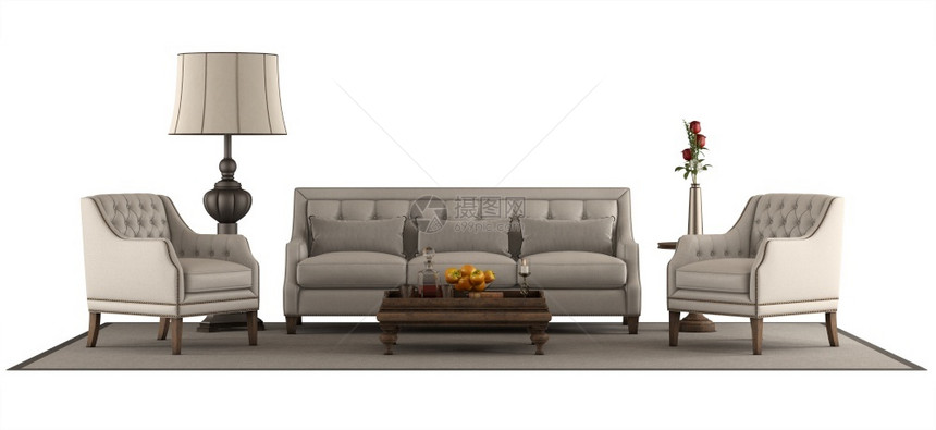 玫瑰室内的白色背景隔离古典沙发和扶椅3D白色孤立的经典风格家具组装图片
