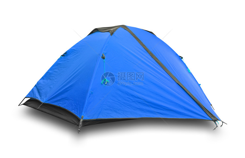 活动在白色背景上与世隔绝的蓝色旅游帐篷覆盖避难所图片