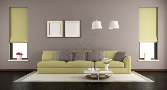 当代的棕色和绿客厅有现代沙发和两扇窗户的绿色客厅3D渲染房间图片
