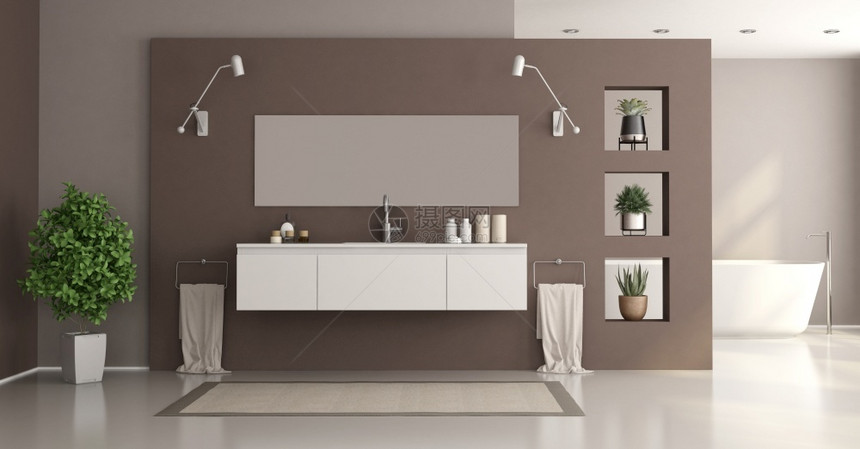 植物公寓带洗浴盆和缸的最小动物白棕色家庭浴室3D作为最小型动物白棕色家庭浴室墙图片