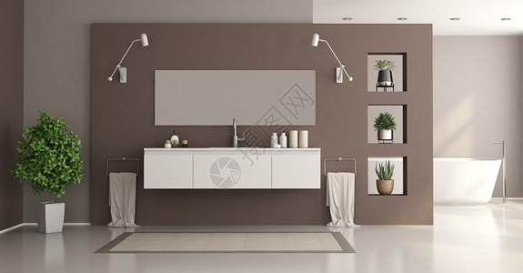 植物公寓带洗浴盆和缸的最小动物白棕色家庭浴室3D作为最小型动物白棕色家庭浴室墙设计图片