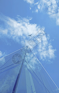 新的玻璃摩天大楼反射中的云和蓝天空反射城市场景图片
