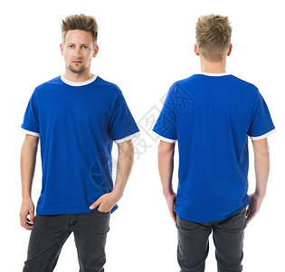 艺术品衣服男人照片一个穿着空白蓝色T恤衫前背面和身的男子图片