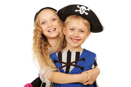 诡计白色的参加万圣节或嘉年华派对的海盗服装中小男孩女戏服图片