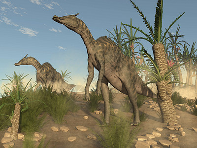 沙溪古戏台爬虫两只沙洛磷恐龙在白昼和柳叶树之间行走每天3D使索罗洛磷恐龙变成3D甲癣风景优美设计图片