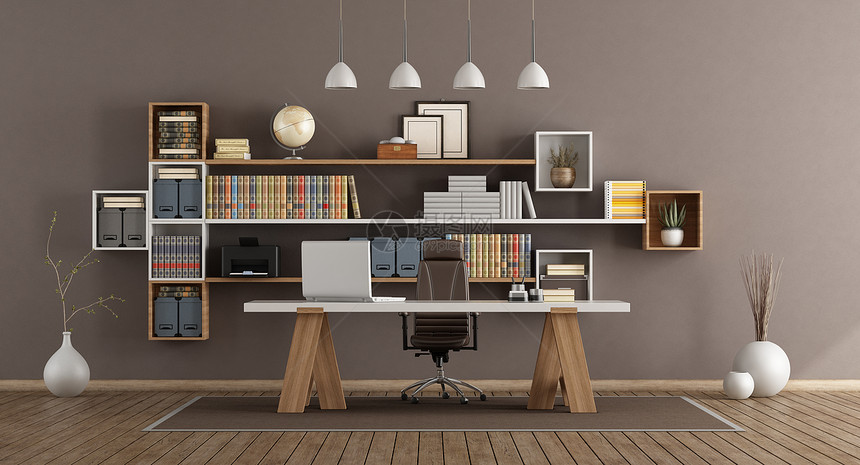 枝形吊灯椅子配备木书架和办公桌的现代室3D用木书架和办公桌制成现代室装饰风格图片