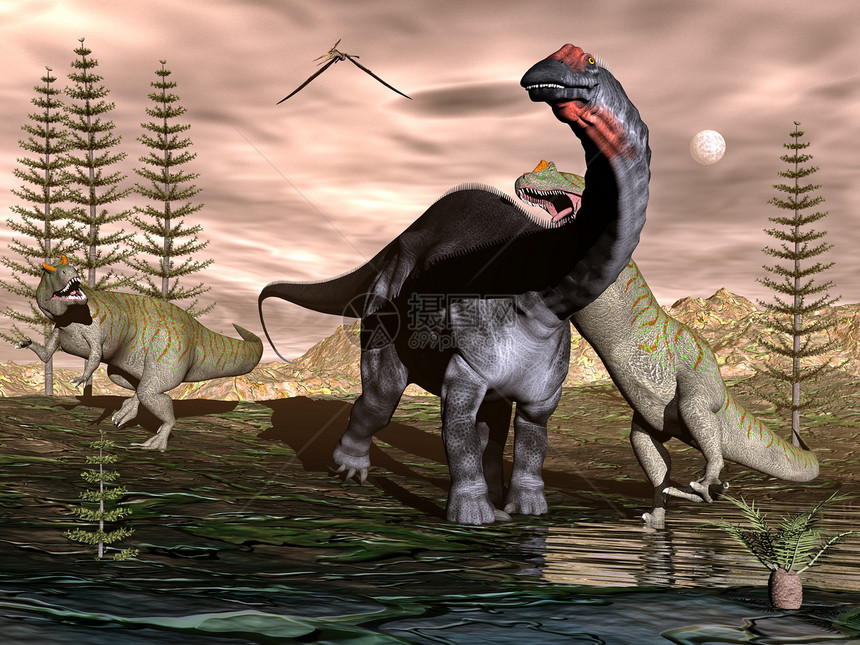 3D化石三维转的同声龙在卡拉米特树和巨型木体植物中攻击恐龙蜥脚类动物树木插图图片