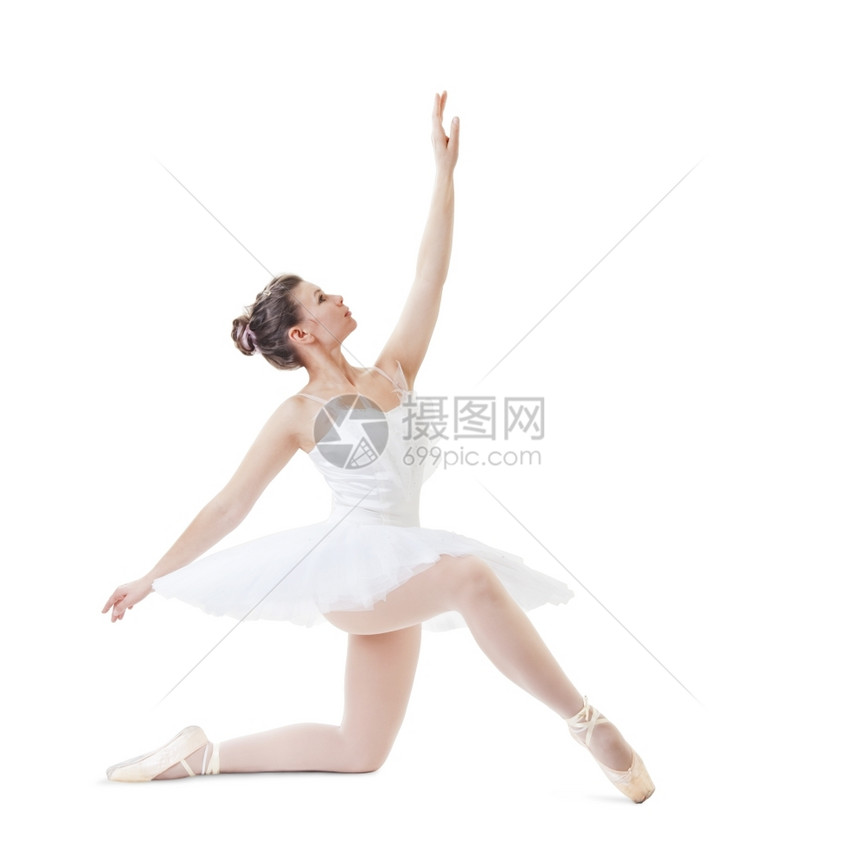 轮廓灵活脚尖白色背景的古典芭蕾舞裙中的美丽芭蕾舞女图片