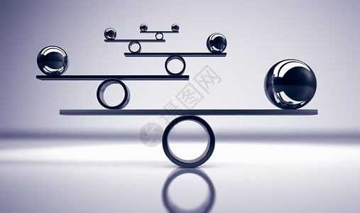 达到抽象的商业和生活方式平衡兼顾概念在灰色背景3D插图上使用平衡金属球反射设计图片