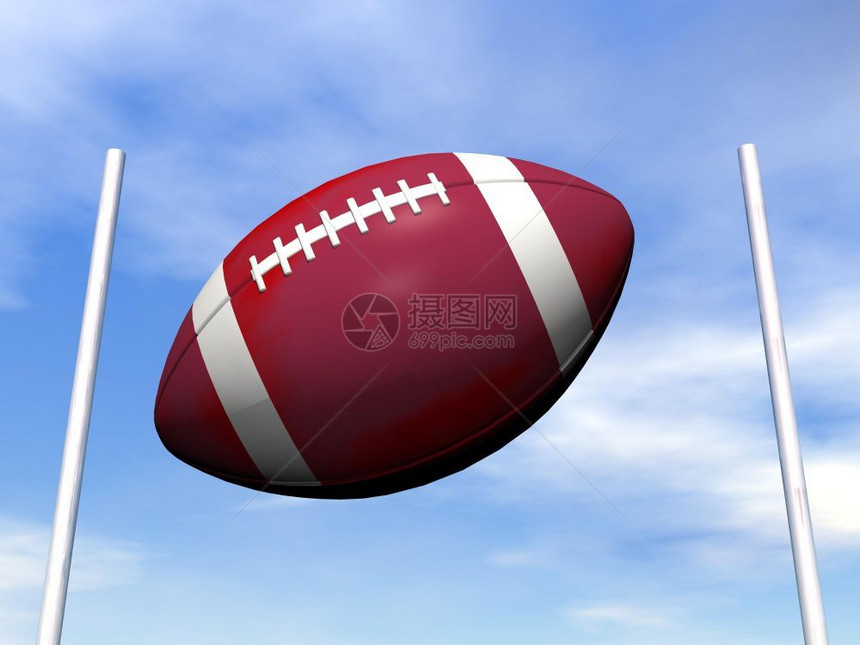 红色的和白橄榄球通过两个柱子在云彩的白天背景下橄榄球3D蓝色的数字图片