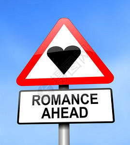 描绘恋人述红色和白三角警戒道路标志的插图带有浪漫概念蓝色模糊背景的红白三角警告路标一种设计图片