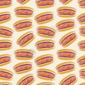 肉加馍小吃三明治街道纺织品壁纸包装网络背景和其他模式的制造设计以热狗填充无缝型样配有美味快餐加芥子酱设计图片