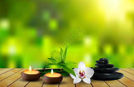 白色兰花治疗桌上的石花蜡和叶子背景矢量卵石场设计图片