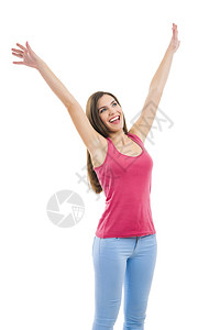 快乐的女美丽人带着张开的双臂孤立在白色背景上自信的图片