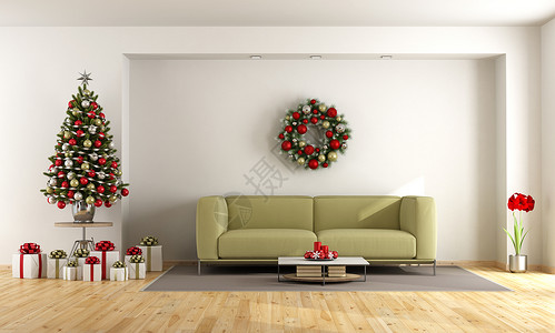 居住白色客厅有圣诞树和绿色沙发3dMadife的白色客厅长椅图片