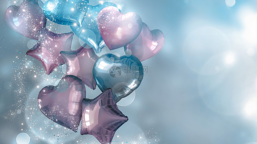蓝色和粉红气球3D图像的喜庆背景粉彩派对假期图片