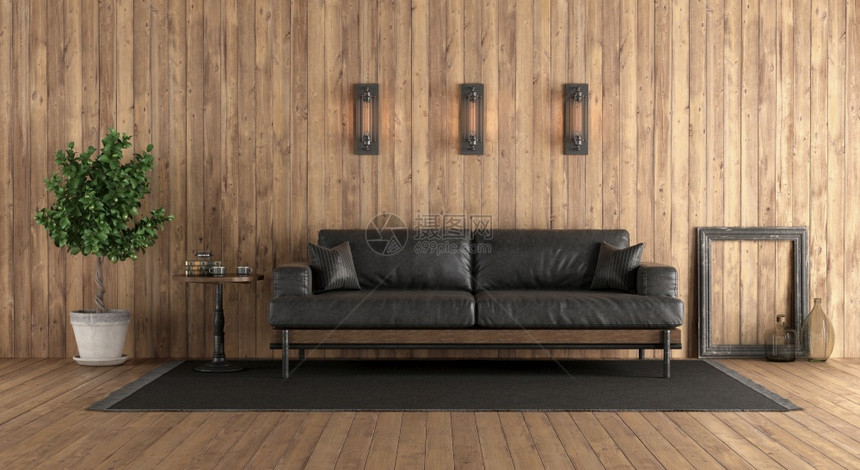 带黑色皮革沙发的复古式木房3D制成带有旧黑沙发的木屋内部优质木头图片