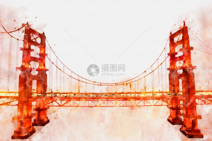 金门大桥数码绘画水彩风格数字的纸红色图片