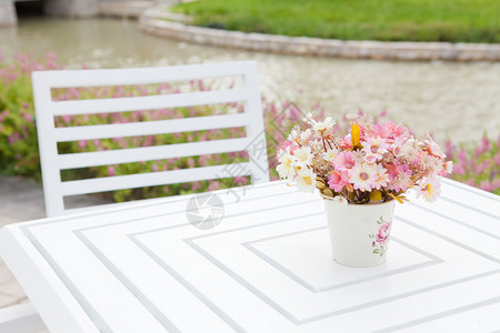 陶器白色花瓶和桌上的朵瓣叶子图片