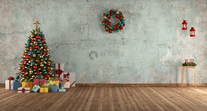 家蓝色旧房间配有圣诞树礼品和装饰3D配有圣诞树的蓝色旧房间假期庆典图片