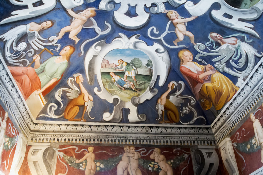 2018年3月5日MASINOITALYFresco在意大利皮埃蒙特的十八世纪马西诺城堡屋顶上天花板宗教主图片