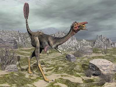莫哈韦沙漠Monononykus恐龙吃蜥蜴壁虎在沙漠中走塔马里斯树旁的沙漠3D让莫诺尼库斯恐龙在沙漠里独角兽形象的一种设计图片