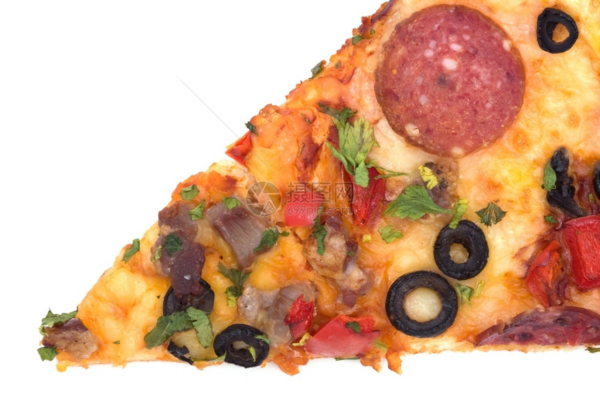 平坦的白色切片披萨丰富多彩的可口图片