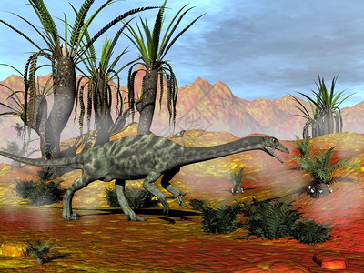 一只恐龙在红沙漠里吃着一个细胞3D使恐龙变成D脊椎动物红色的近龙图片