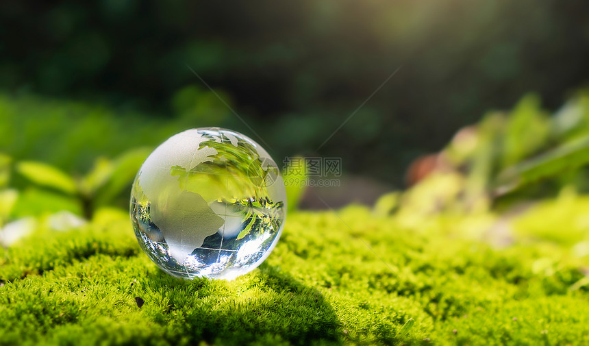 地球水晶玻璃落在有阳光的苔石上自然界中阳光照亮生态环境概念世界放弃复制图片