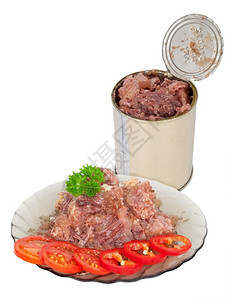 店铺盘子里的肉罐头炖镀锡图片
