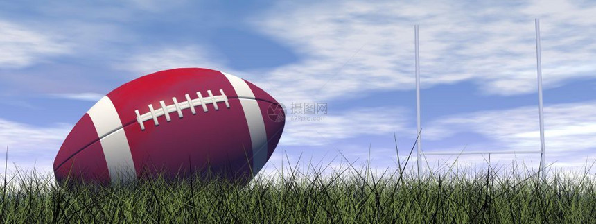 玩球座训练红色和白橄榄球在绿草上贴近红白橄榄球背景3D化身中有两个柱子图片