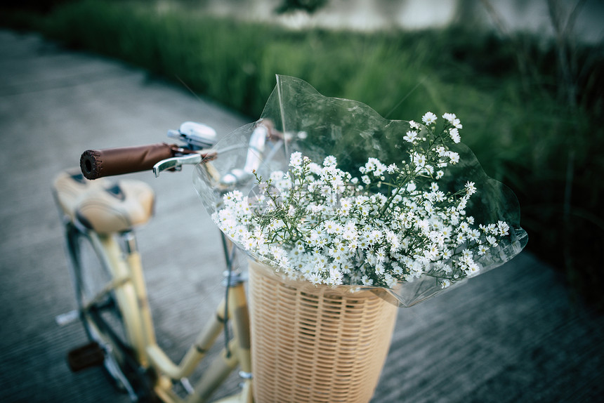 配篮子和鲜花的旧式自行车公园春天优质的图片