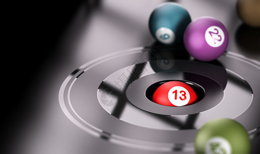 游戏骰子使成为概念机会和13号一球在洞里与周围其他球一起的洞里概念3D让图像游戏机会和13号场地彩票设计图片