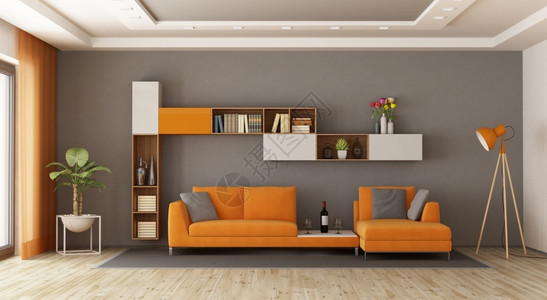 长椅室内的带有沙发和书架的灰色橙客厅3D制成灰色和橙客厅图书图片