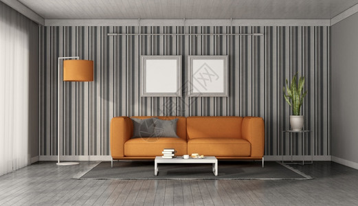 一种现代橙色沙发在墙壁前用纸做3D在现代客厅里做橘色沙发公寓地毯图片