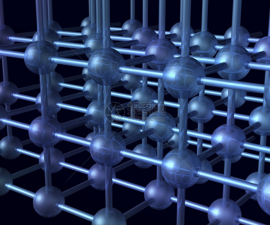 水晶公式建造纳米技术微粒3D结构内含有原子和捆绑的纳米技术微粒子网格图片