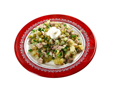 菜单餐厅俄罗斯传统沙拉土豆寡生准备好的午餐高清图片素材