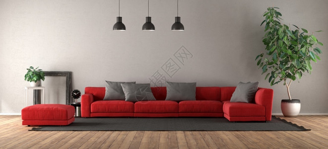 活的硬木空现代客厅黑地毯上有红色沙发3D为现代客厅红沙发图片