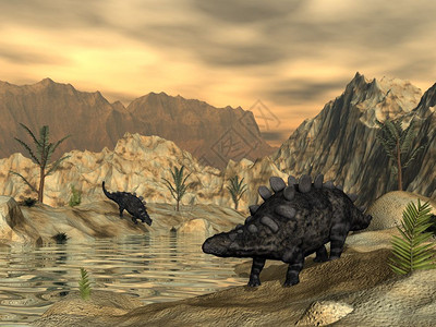 树插图白垩纪日落前在沙漠的池塘旁曲奇龙恐3D化成三巨龙恐3D化成三维背景图片