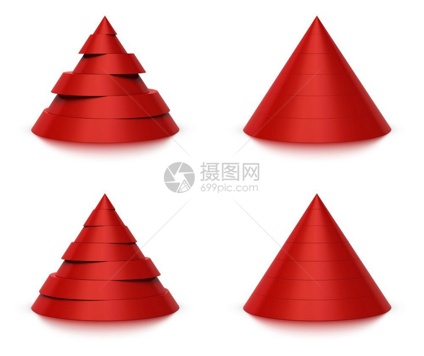 3d圆锥形切片红色金字塔6六或7层白色背景和反射圆锥形切片6或层抽象的图表结构体图片