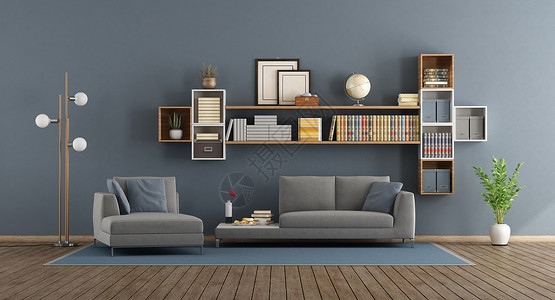 灰色的当代躺椅蓝色现客厅配有沙发彩色休息室和书架3D制成蓝色现代客厅背景图片