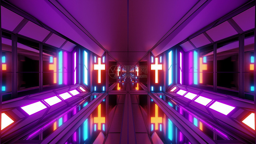 叉辉光未来Scifi建筑室带有宗教的Christus标志3d设计干净的未来科学空间机库隧道走廊配有圣克里斯蒂安光十字和玻璃底3d图片