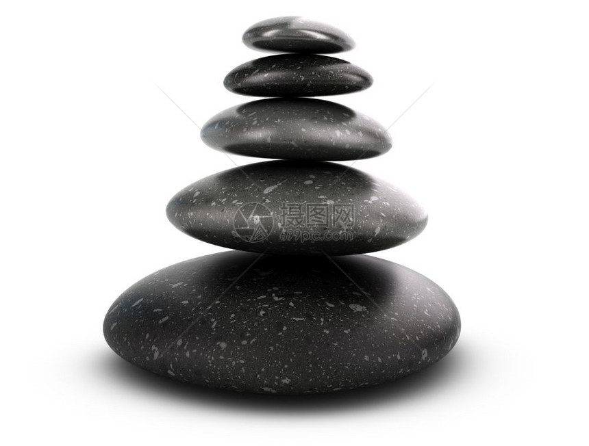 圆形的使成为五块石头堆在白色背景上平衡石块三维象征稳定与和谐五块碎饼和谐概念五块概念的图片