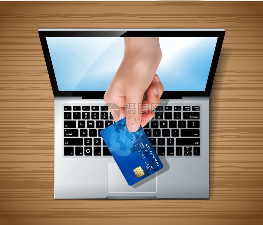 买手提电脑在线银行服务概念信用卡使货币沟通图片