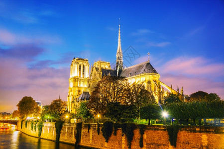 法语巴黎大教堂圣母院晚上天空水图片