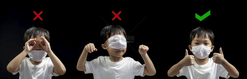 孩子感染Corona预防COVID19概念如何正确佩戴来自亚洲小男孩的医疗面罩如何穿戴正面罩确和错误保护图片