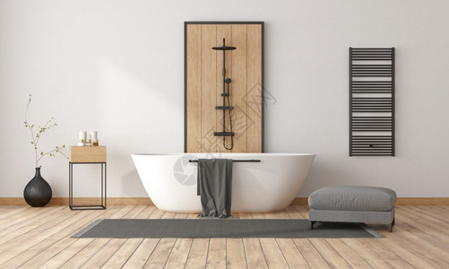 墙当代的带浴缸和淋装饰木板和黑色散热器的最小厕所带有浴缸和淋装饰木板和黑色散热器3天白色的背景图片